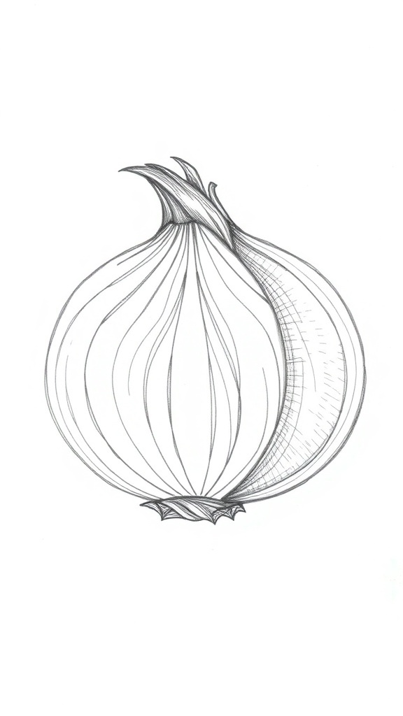 A pencil drawing of an onion with detailed layers and shading.